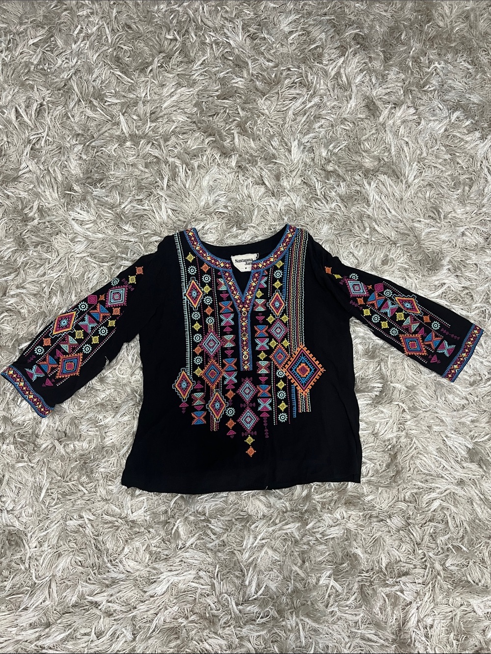 Savanna Jane Black Embroidered Geometric Top